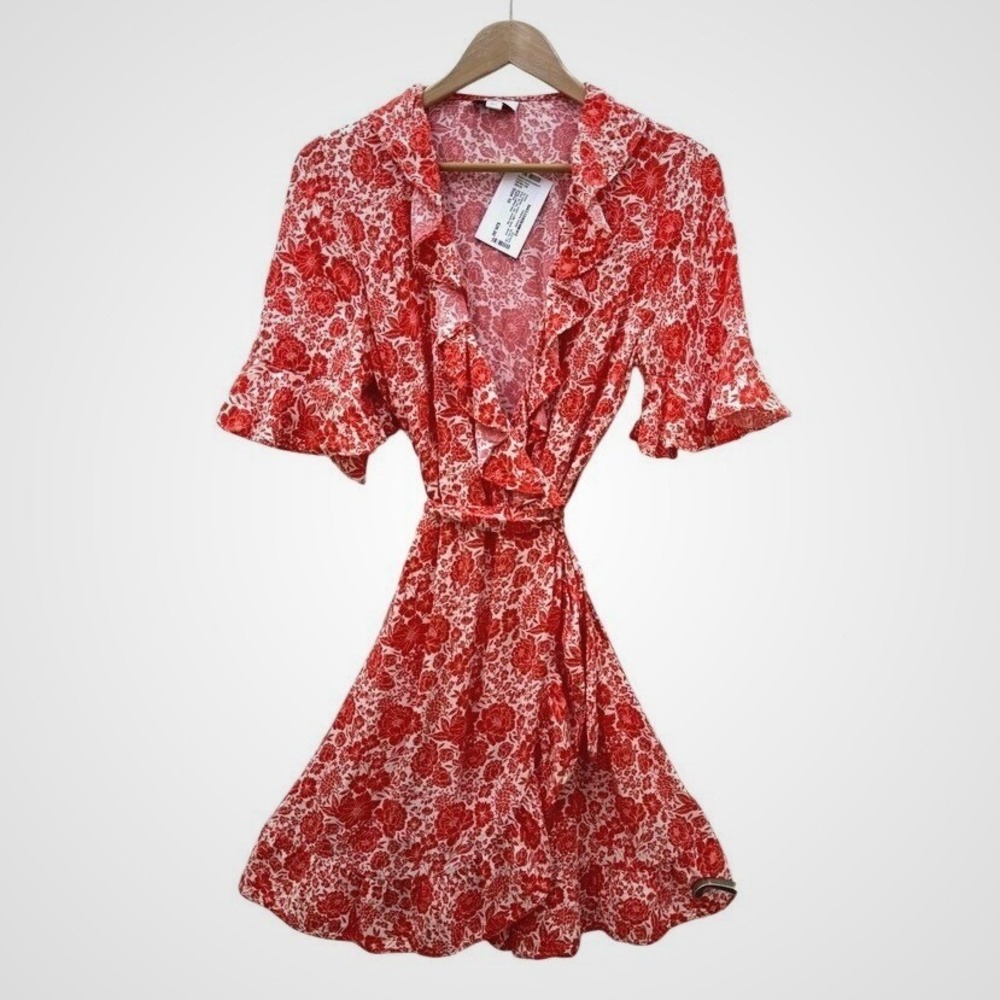 Topshop Floral Wrap Dress Sz 10 Ruffle Mini Summer Boho Feminine Romantic Retro